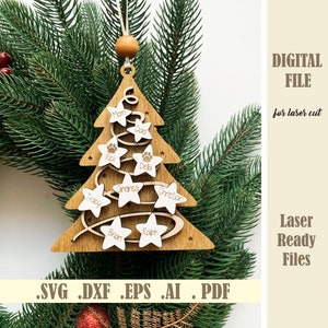 File di taglio laser ornamento nomi di famiglia, ornamento dell'albero di Natale SVG, ornamento decorativo della famiglia di Natale, download digitale Glowforge