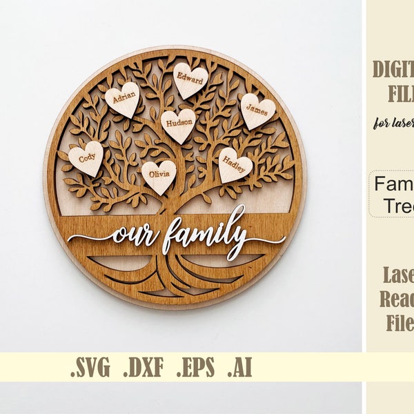 SVG Family Tree Laser Cut File, Grandkids Tree SVG, Glowforge, Digital Download  Mothers Day Gift, Birthday Gift For Mom, Grandparents Gift