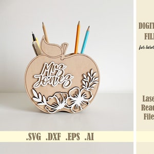 Apple Shape Pencil organizer SVG, Teacher appreciation gift, Desk pen holder, Laser cut file, Gift for Teachers, Digital glowforge files image 1