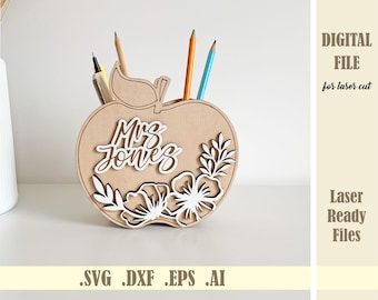 Apple Shape Pencil organizer SVG, Teacher appreciation gift, Desk pen holder, Laser cut file, Gift for Teachers, Digital glowforge files