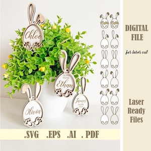 Bunny Ears Easter Basket Tags SVG, Easter Eggs Personalized tags, Easter Ornaments Bunny Cut File, Happy Easter Glowforge Digital Download