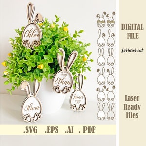 Etiquetas SVG de canasta de Pascua con orejas de conejo, etiquetas personalizadas de huevos de Pascua, archivo de corte de conejito con adornos de Pascua, descarga digital de Glowforge de Feliz Pascua