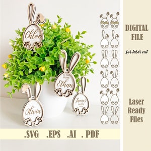 Bunny Ears Easter Basket Tags SVG, Easter Eggs Personalized tags, Easter Ornaments Bunny Cut File, Happy Easter Glowforge Digital Download