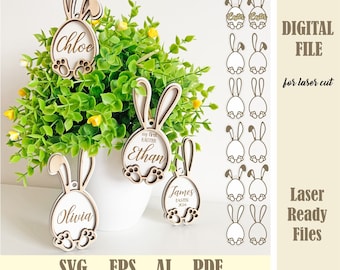 Bunny Ears Easter Basket Tags SVG, Easter Eggs Personalized tags, Easter Ornaments Bunny Cut File, Happy Easter Glowforge Digital Download