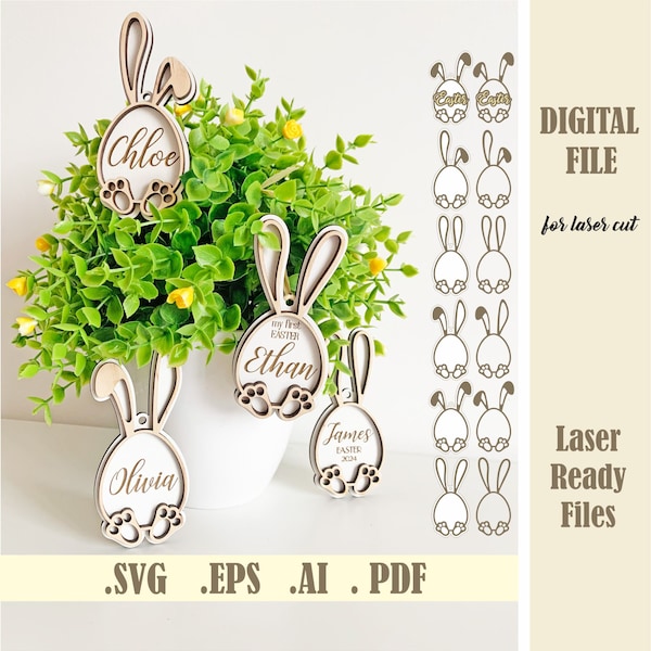 Bunny Ears Easter Basket Tags SVG, Easter Eggs Personalized tags, Easter Ornaments Bunny Cut File, Happy Easter Glowforge Digital Download