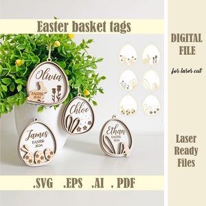 Tag cestino pasquale SVG, tag personalizzati uova di Pasqua, file di taglio coniglietto ornamenti pasquali, buona Pasqua Glowforge Download digitale buona Pasqua