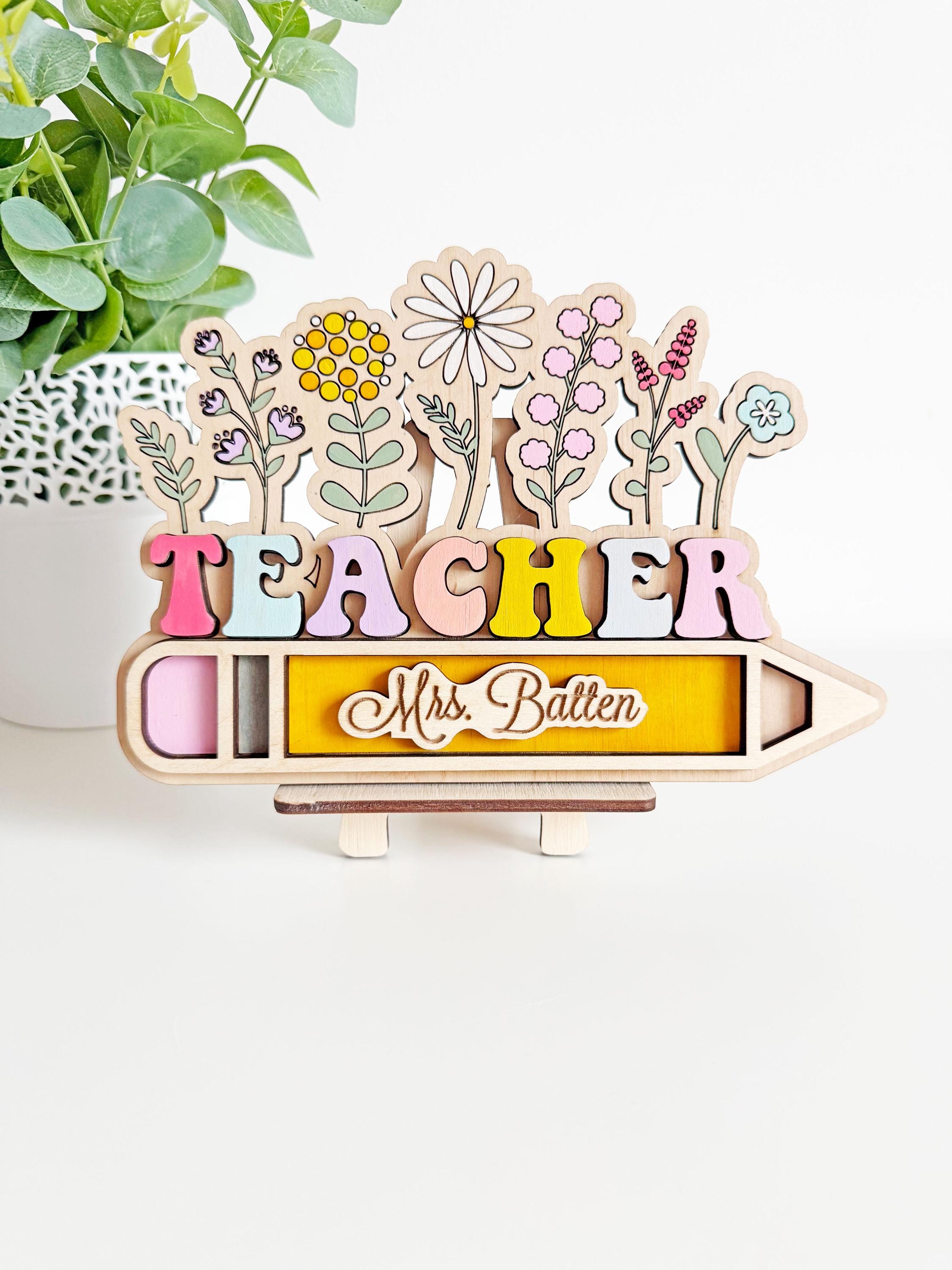 Floral Teacher Desk Sign SVG Laser Cut File, Custom Name Pencil Flower ...