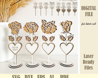 SVG Standing Rose Laser Cut file, Three Layered Heart Rose With Stand svg, Mothers Day Personalizable 3D Wooden Rose, Mum Rose Laser Cut