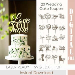 Pakiet 20 topperów na tort weselny w formacie SVG, plik wycinany laserowo „Pan i Pani”, „Przyszła Panna Młoda”, „Kocham Cię bardziej” dla Glowforge, xTool, Cricut