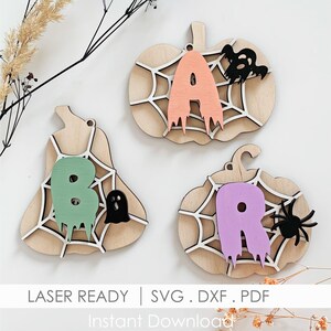 Halloween Initial Tag SVG, Spider Web Pumpkin Name Tag, Boo Basket Letters, Laser Cut File for Glowforge, Personalized Halloween Decor