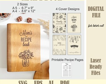Wooden Recipe binder SVG, Mom Recipe book cover Laser Cut File, Cookbook recipes, Family recipes, Glowforge Digital Download Christmas gift