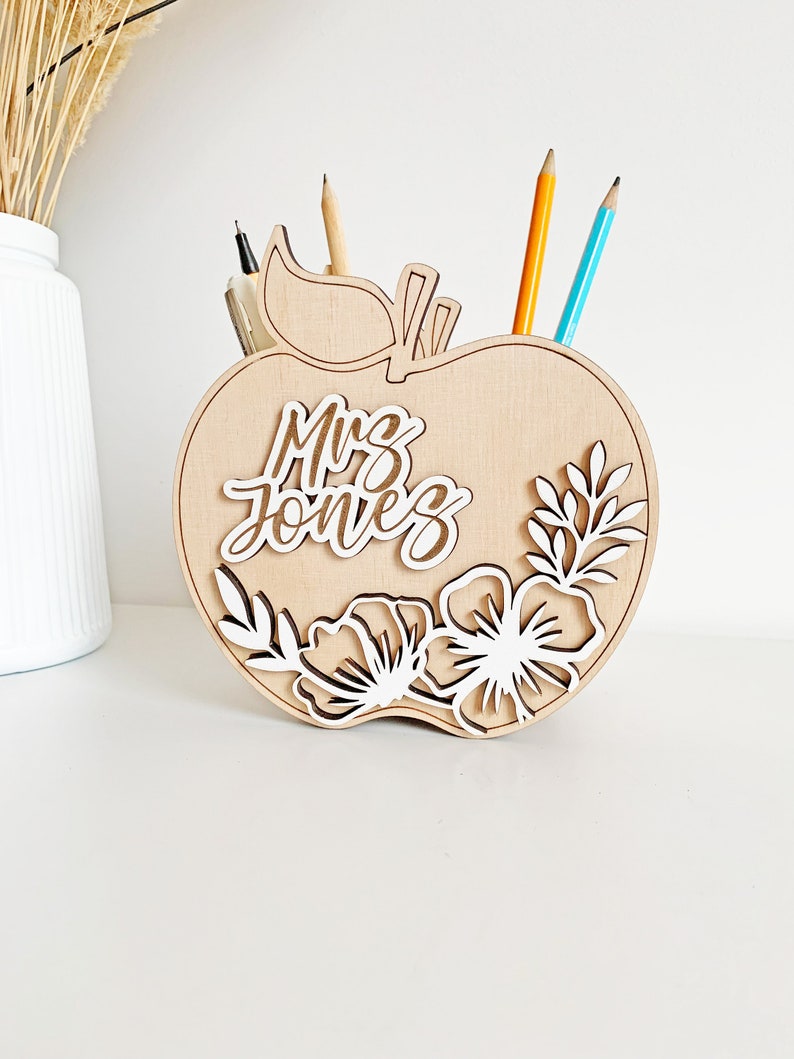 Apple Shape Pencil organizer SVG, Teacher appreciation gift, Desk pen holder, Laser cut file, Gift for Teachers, Digital glowforge files image 3