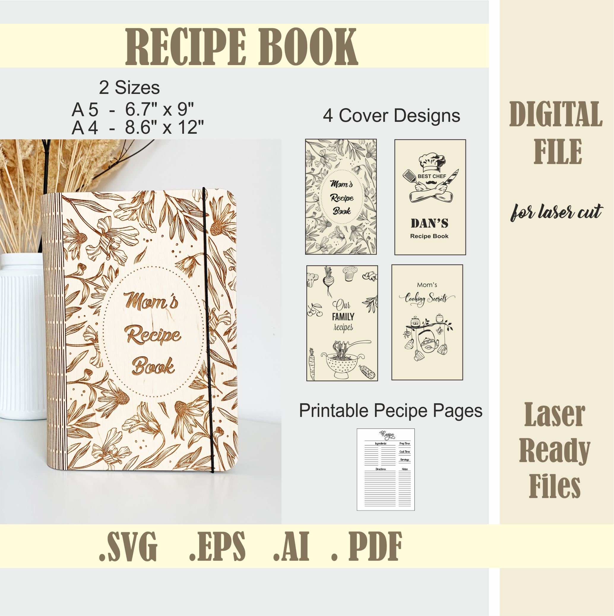 Wooden Recipe book cover SVG Laser Cut File, Mom's cookbook recipes svg, Family Recipe binder, Mothers day gift for wife, Glowforge Digital