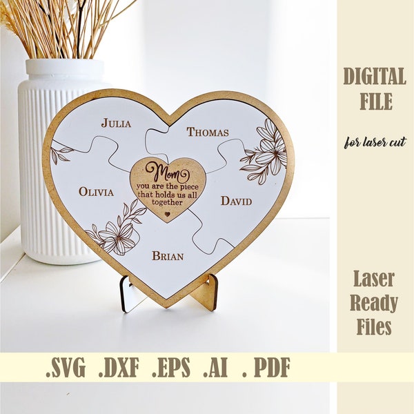 Mothers Day Heart Shaped Puzzle SVG, Mom Puzzle Sign Laser Cut File, Mother’s day gift from Kids Husband Family Glowforge Digital Download