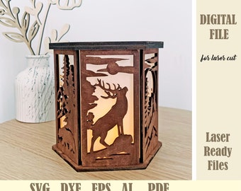 Portavelas de animales SVG, Archivo de corte láser de farol de Navidad Bosque Ciervo Oso lobo, Lámpara de mesa, Lámpara de noche de luz de té Descarga digital