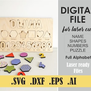 File di taglio digitale, Nome Numeri Forme Puzzle Taglio laser File SVG, DXF, DWG, Ai, Glowforge Download digitale, Puzzle nome bambini