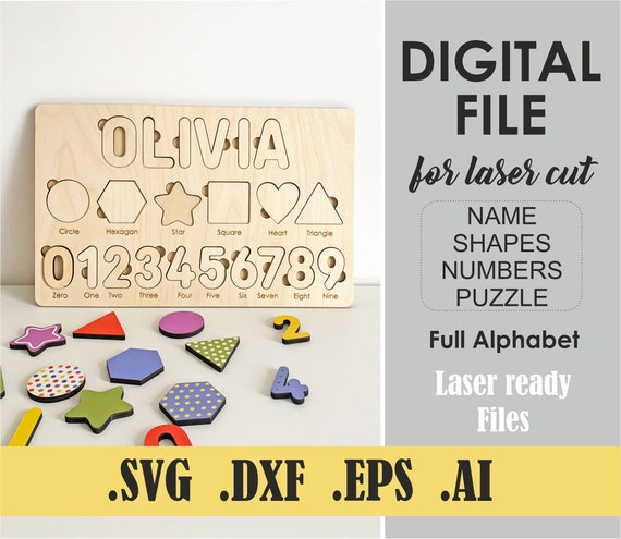 Digital Cut Files, Name Numbers Shapes Puzzle  Laser Cut Files SVG, DXF, DWG, Ai, Glowforge Digital Download, Kids name Puzzle