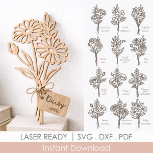 Paquete SVG de flores de nacimiento, flores de mes con etiquetas de nombre, archivo floral personalizado cortado con láser, plantillas Glowforge Cricut