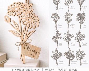 Paquete SVG de flores de nacimiento, flores de mes con etiquetas de nombre, archivo floral personalizado cortado con láser, plantillas Glowforge Cricut