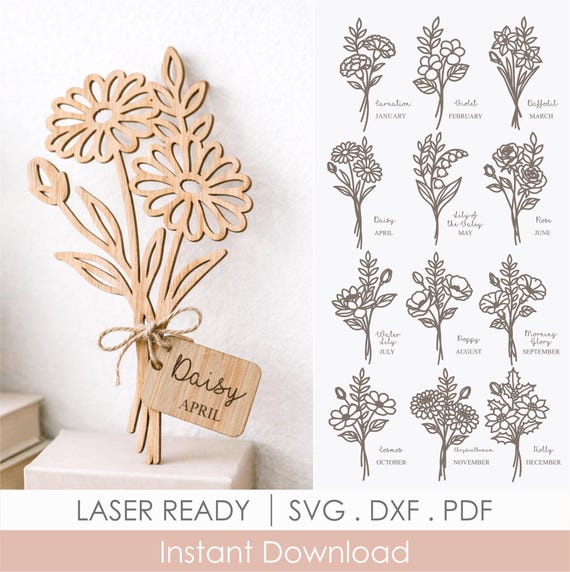 Birth Flower SVG Bundle, Month Flowers with Name Tags, Personalized Floral Laser Cut File Glowforge Cricut Templates