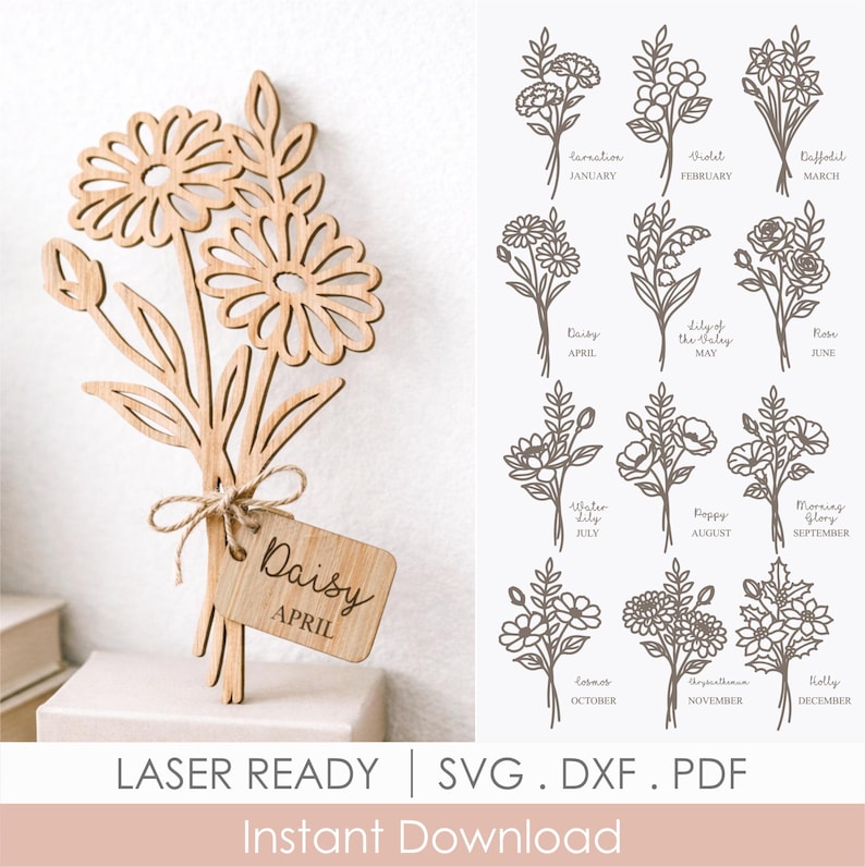 Paquete SVG de flores de nacimiento, flores de mes con etiquetas de nombre, archivo floral personalizado cortado con láser, plantillas Glowforge Cricut imagen 1