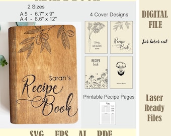 Wooden cookbook recipes SVG, Recipe book cover Laser Cut File, Recipe binder, Family recipes, Glowforge Digital Download Christmas gift