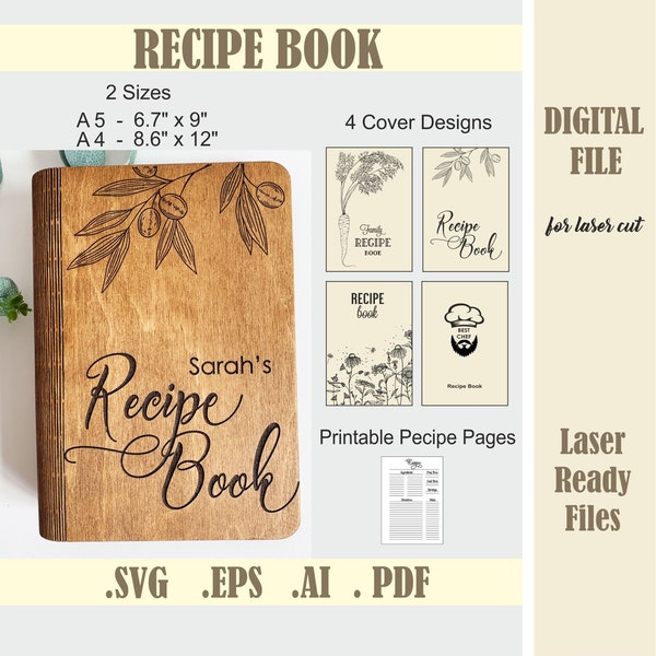 Wooden cookbook recipes SVG, Recipe book cover Laser Cut File, Recipe binder, Family recipes, Glowforge Digital Download Christmas gift
