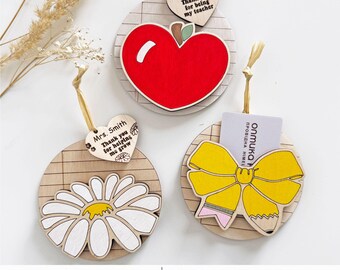 Teacher Appreciation Ornament Gift Card Holder SVG Bundle, Apple Daisy Pencil Bow Keepsake Laser File