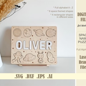 Fichier découpé au laser nom puzzle SVG Glowforge téléchargement numérique, puzzle de nom d'enfants, puzzle de nom avec des planètes, puzzles pour bébé, 1er anniversaire de garçon