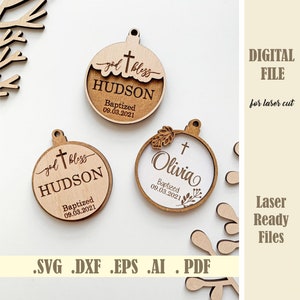 Taufe Ornament SVG, Taufe Weihnachtsbaum Ornament SVG Laser Cut Datei, Kreuz Ornament Taufe Geschenk, mein erstes Weihnachten, digitale Glowforge