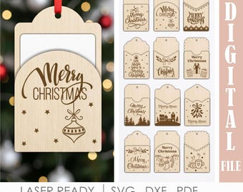 Christmas Gift Card Holder SVG Bundle, 12 Laser Cut Money Holders, Merry Christmas Tags, Glowforge xTool Files, Holiday Gift Envelopes