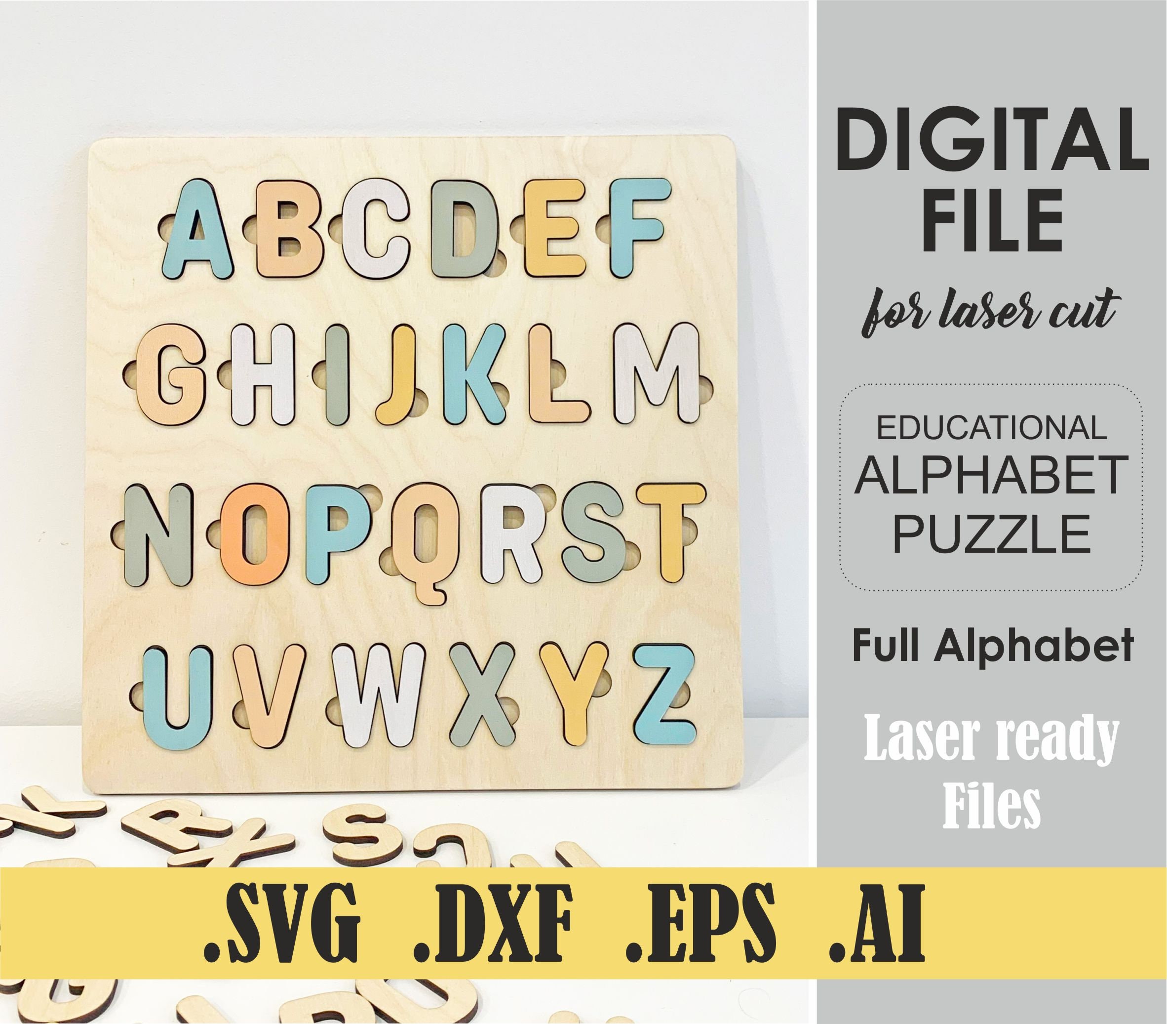 Alphabet Puzzle SVG, A-Z Letters Puzzle, Digital Files for Laser