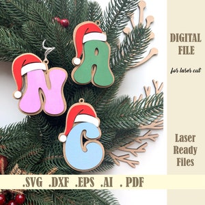 Kerst alfabet ornament SVG, kerst eerste tag, kerst monogram lasergesneden bestand, 3D gelaagde kerst ornament Glowforge Cricut
