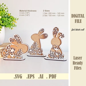 Blumen Osterhase mit Ständer SVG, Laser geschnitten Datei Stehende Kaninchen SVG Bundle, Osterhase Kantensitzer Digital Download Glowforge Cricut