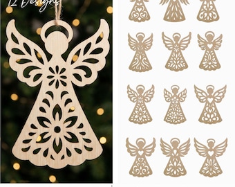 Filigree Christmas Angel SVG Bundle, 12 Lace Ornaments Laser Cut Files, Angel Wings Tree Decorations