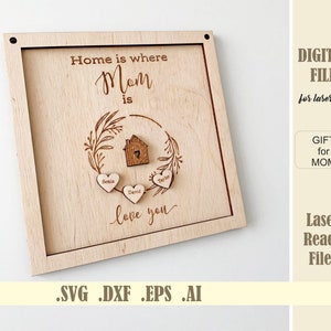 Thuis is waar moeder is SVG Moederdag Cadeau Moeder Teken Laser Cut Bestand Glowforge Digitale Download Gegraveerd Moederdag cadeau van kinderen