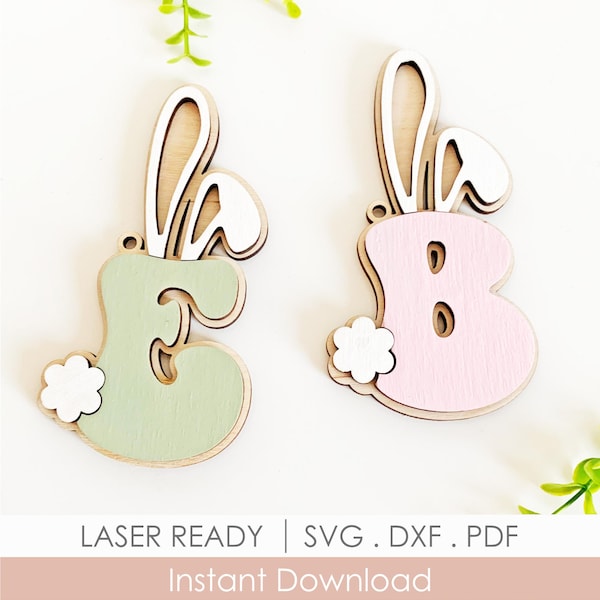 Etiqueta SVG con letras de orejas de conejo de Pascua, etiquetas con iniciales de cesta, archivo cortado con láser con el nombre del conejo de Pascua para Glowforge
