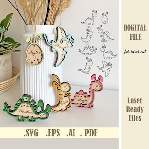 Dinosaurier mit Hasenohren Ostern Korb Tags SVG, Dinosaurier Ostern Tag Laser geschnitten Datei, Dino Ostern Geschenkanhänger, Glowforge digitaler Download