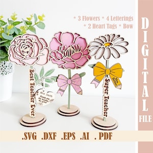 Archivo SVG de flores para maestros cortado con láser, regalo personalizado de agradecimiento para maestros, lazo de lápiz, lazo de coqueta para el mejor maestro, feliz día del maestro