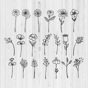 May include: Black line art illustrations of various flowers and botanical elements on a white wooden background. The collection includes detailed drawings of different flower types, leaves, and stems, perfect for crafting or design projects.