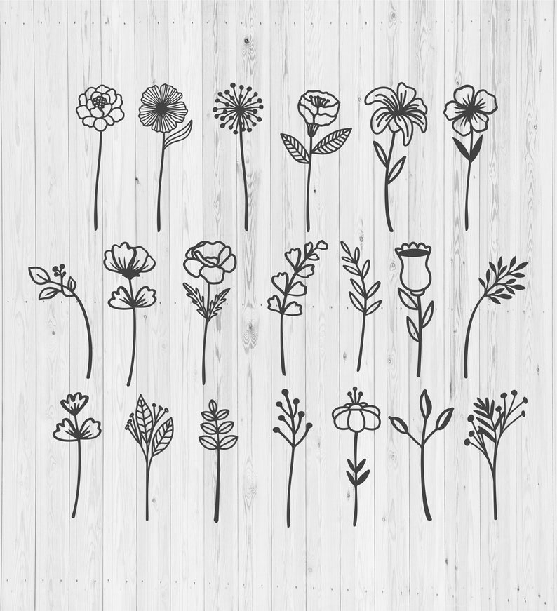 May include: Black line art illustrations of various flowers and botanical elements on a white wooden background. The collection includes detailed drawings of different flower types, leaves, and stems, perfect for crafting or design projects.