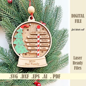 Ornamento natalizio di famiglia SVG, file di taglio laser per ornamento del nome della famiglia del Polo Nord, ornamento dell'albero di Natale, nomi di famiglia 2-11 Digital Glowforge