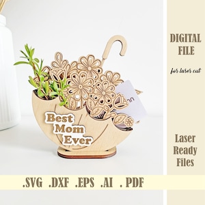 Muttertagsgeschenk Kartenhalter SVG Umbrella mit Wildblumen Laser Cut File, Florals Muttertagsgeschenk Blumen für Mama Digitaler Download