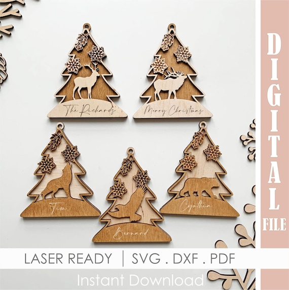 Woodland Animal Christmas Ornament SVG, Layered Tree Laser Cut