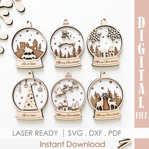 Christmas Snow Globe Ornaments SVG Bundle, Winter Scene Baubles, Engraved Gift Tag Laser Cut File, Christmas Tree Decorations for Glowforge
