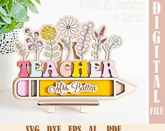 Floral Teacher Desk Sign SVG Laser Cut File, Custom Name Pencil Flower Teacher Appreciation Gift svg, Back to School, Happy Teacher's Day