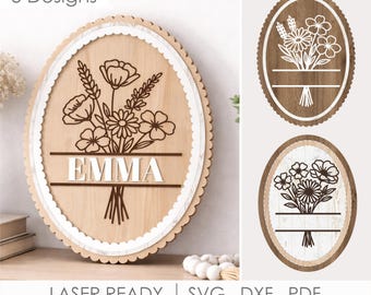 Archivo SVG personalizado para letrero floral, archivos de corte láser para letrero con nombre personalizado, marco ovalado floral en blanco.