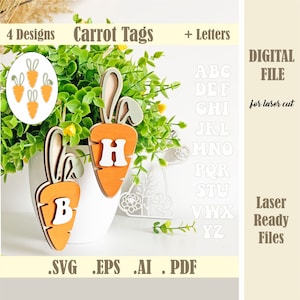 Karotte mit Hasenohren Osterkorb Tags SVG, Buchstaben Karotte Ostertags Tags, Osterkaninchen Initialen Laser Cut Datei Glowforge Digitaler Download
