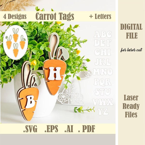 Carrot with Bunny Ears Easter Basket Tags SVG, Letters Carrot Easter Tags, Easter Rabbit Initials Laser Cut File Glowforge Digital Download