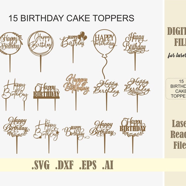 Happy Birthday Cake toppers SVG, Cake topper Laser Cut Files, Circle Wreath frame Digital Download Glowforge File for laser cutting